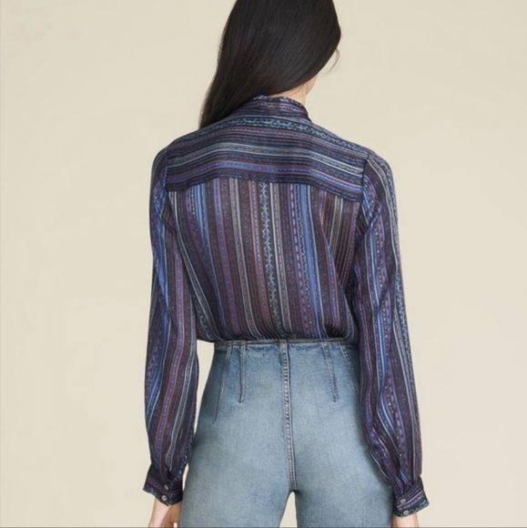 Veronica Beard Navy Malaya Mixed Stripe Tie Silk Button Down Blouse NWT Size 10 - Picture 3 of 14